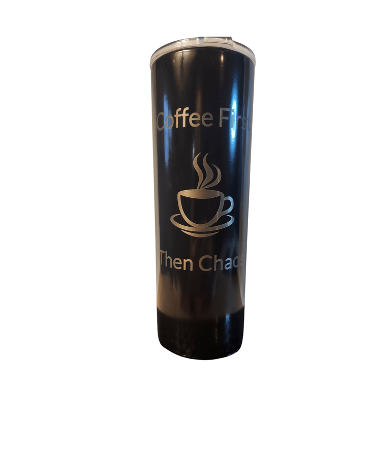 Black – Coffee First Quote - Laser Engraved by LDJ Engraving - 20OZ SKINNY TUMBLER